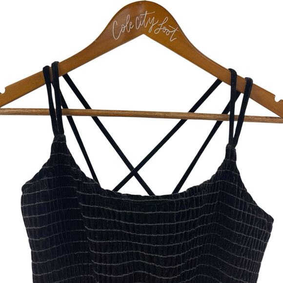 Black Velvet Tank Top Cross Back Shirred Y2K Crop Stretchy Papas Fashion - Picture 2 of 7